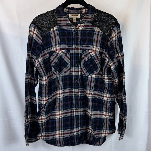 Express Shirt Western Boyfriend Flannel Plaid Sequin Button Down Long Sleeve Top - Picture 8 of 14